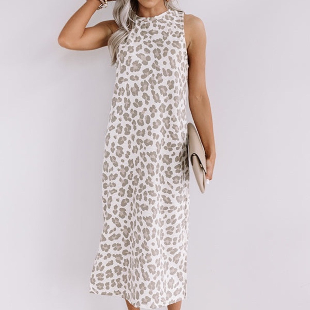 Cherish Beige and White Leopard-Print Sleeveless Midi Dress